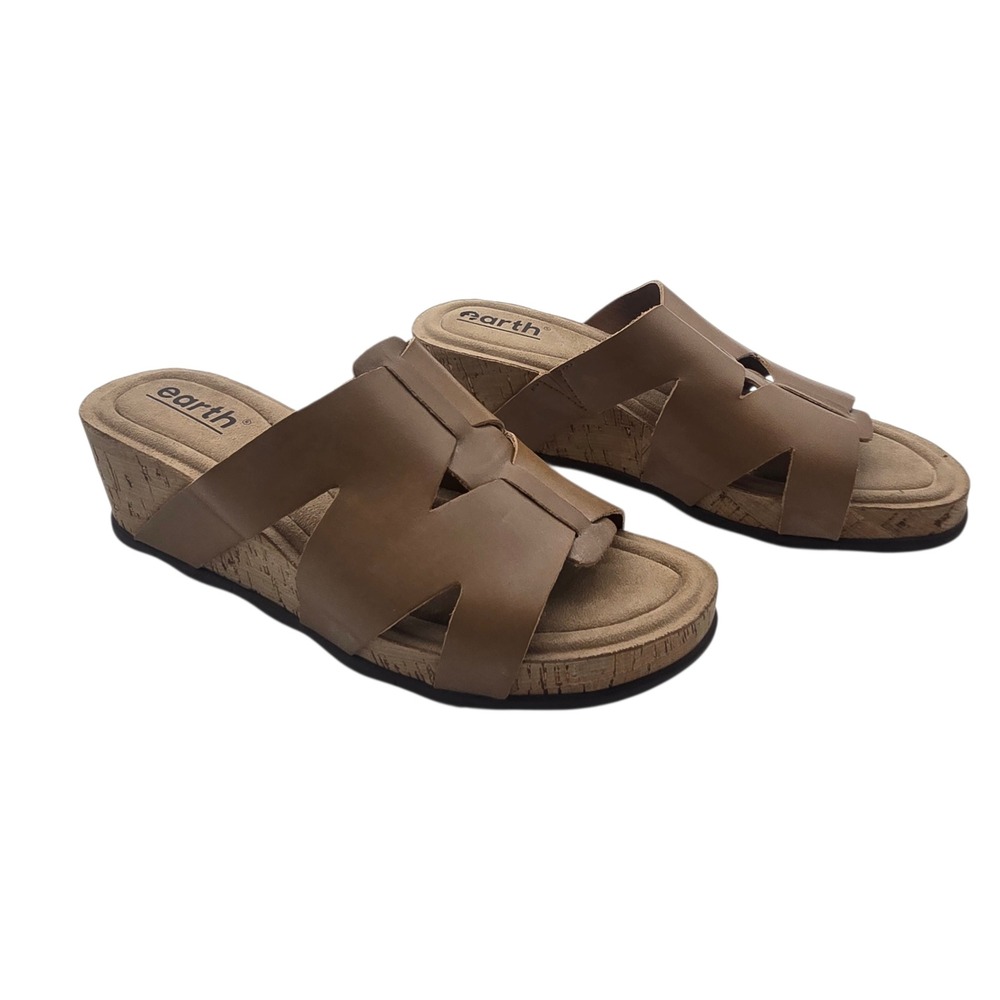 Earth Willow Leather Cork‎ Wedge Slide Sandal Womens Size 9.5 Tan Camel Boho